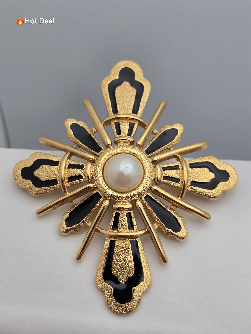 Vintage Monet Maltese Cross Brooch Gold Tone Black Enamel Faux Pearl 3"